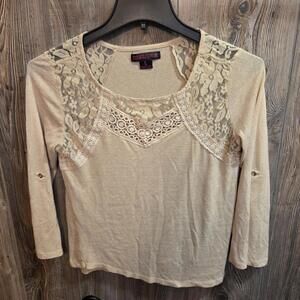 Rock & Roll Cowgirl Size L Ivory Cotton L/S Blouse Shirt Lace & Crochet Accents